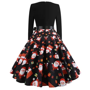 Vista trasera de un vestido navideño vintage de manga larga con estampado de Papá Noel.