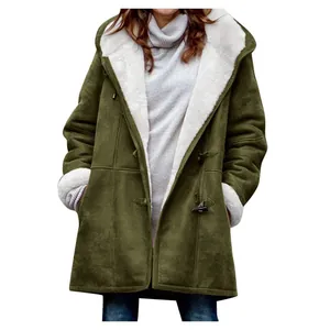 Detail view of women's olive green hooded coat with warm white fleece lining