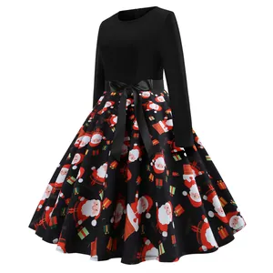 Vestido de Navidad vintage de manga larga con estampado de Papá Noel y regalos detalle