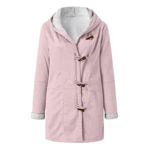 Front view of a pink mid-length hooded coat with toggle buttons and warm fleece lining