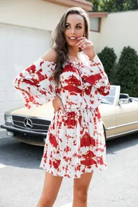 Red and white tie-dye off-the-shoulder mini dress for summer vacation and leisure