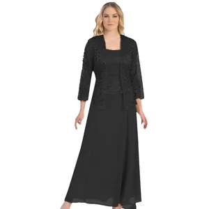Elegant women's black lace cardigan and chiffon maxi dress two-piece formal set.