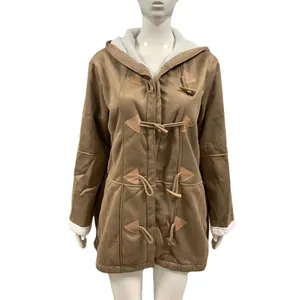 Women's warm winter brown mid-length hooded coat with classic toggle buttons on mannequin