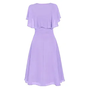 Abito lungo in chiffon lavanda vista posteriore con elegante design a mantella