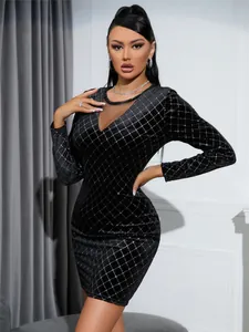 Elegant luxury black velvet bodycon dress with silver rhinestone grid and mesh patchwork neckline