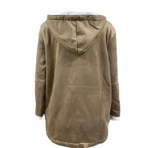 Back view of brown oversized fleece-lined hooded coat with a soft suede-like finish