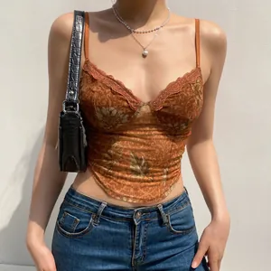 Damen Vintage Blumen Druck Netz Camisole Top Sexy Slim Fit Spitze Besatz Korsett Stil Crop Top Streetwear Top Für Sommer