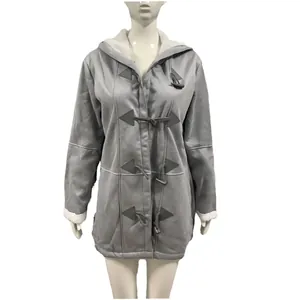 Detailed view of a grey hooded women's coat featuring toggle buttons and soft plush lining