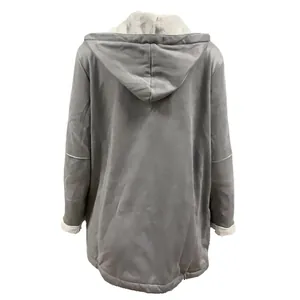 Back view of a women's mid-length grey hooded coat with warm white fuzzy lining.