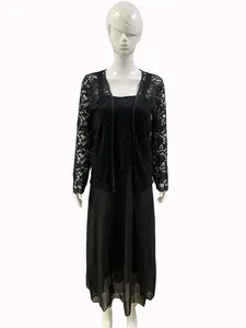 Élégant ensemble deux pièces pour femme avec cardigan en dentelle noire et robe longue