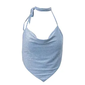 Detailed view of sexy light blue sparkly halter neck crop top with stylish cowl neck design