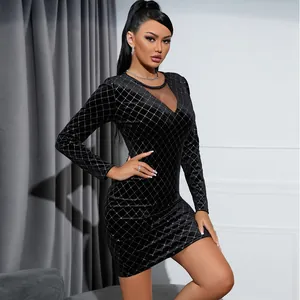 Elegant black velvet bodycon dress with rhinestone diamond pattern and mesh V-neck insert