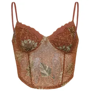 Eleganter Vintage-Blumen-Mesh-Korsett-Camisole mit zarter Spitze und dünnen verstellbaren Trägern