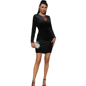 Elegant black velvet bodycon dress with a sparkling rhinestone diamond grid pattern design