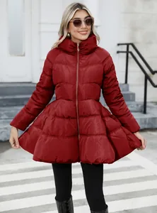 Detailed view of wine red puffer jacket with flared waist and stand collar