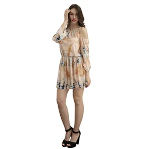 Bohemian tie-dye cold shoulder mini dress with elastic waist for summer vacation