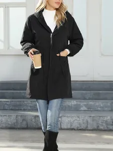 Women Mid Length Hooded Fleece Windbreaker Jacket Plus Size Solid Color Zip Up Parka Coat With Pockets For Autumn Winter