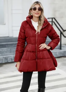 Stylish women's burgundy mid-length puffer coat with a flared peplum hem and stand collar