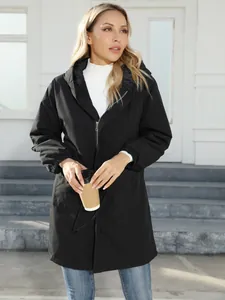 Women's hooded mid-length windbreaker jacket in black outdoor casual style