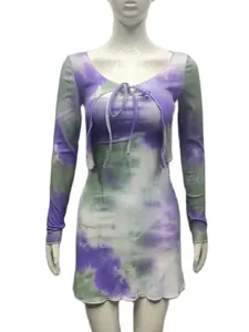 Purple and green tie-dye two-piece set featuring a tie-front cardigan and bodycon dress
