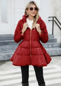 A stylish women's red flared peplum puffer jacket featuring gold zipper and stand collar.