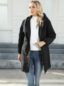 Classic women's black hooded mid-length windbreaker jacket for casual outdoor wear