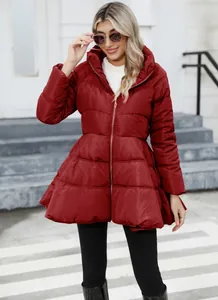 Detailed view of wine red puffer jacket with stand collar and flared hem for women