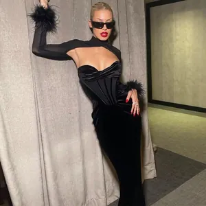 Detailed view of a black velvet corset dress featuring sheer mesh sleeves and feather cuffs
