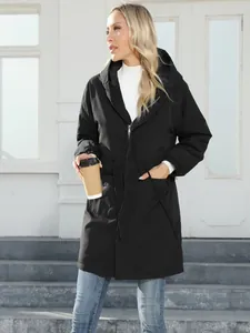 Women's black mid-length hooded parka jacket with fleece lining for autumn outdoor
