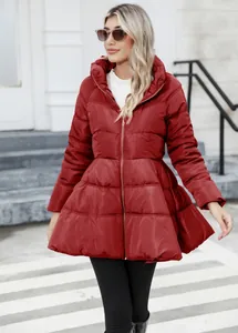 Detail showing wine red hooded puffer coat with cinched waist and peplum hem design