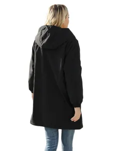 Back profile of a long black hooded windbreaker jacket for women in casual spring style
