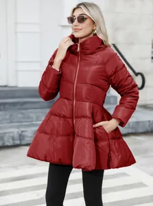 Slim fit burgundy puffer coat with peplum hem and stand collar for women
