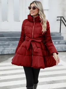 Elegant women's red slim-fit puffer coat with high collar and stylish waist tie detail