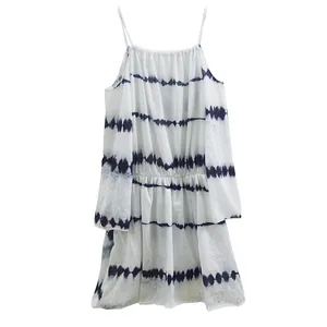 Bohemian tie-dye mini dress with spaghetti straps and ruffled cold-shoulder sleeves
