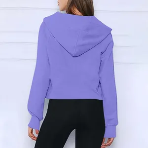 Vista posteriore di una felpa con cappuccio Scuba viola corta e vestibilità ampia.