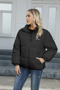 Women's plus size black puffer jacket, warm winter quilted coat with zipper closure.