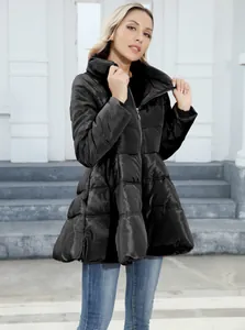Slim fit mid-length black puffer jacket featuring a stand collar and elegant cinched waist design