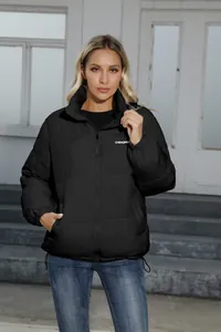 Stylish women's black puffer jacket with stand collar for winter warmth and outdoor wear.