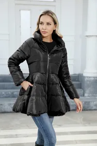 Slim fit black puffer coat with cinched waist and stand collar design for women.