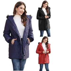 Women's mid-length hooded winter parkas available in navy, black, and red colors