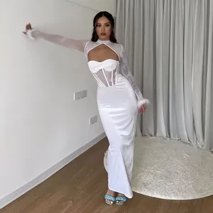 Sexy white hollow out maxi dress with mesh sleeves and plush faux fur cuffs for women