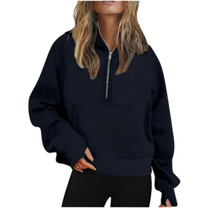 Felpa con cappuccio corta oversize blu navy a mezza zip con asole per pollici donna