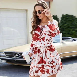 Bohemian red tie-dye print off-shoulder mini dress for summer vacation wear