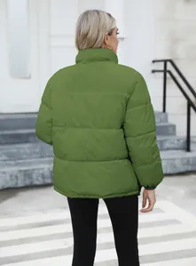 Back view of a women's olive green puffer jacket for winter warmth
