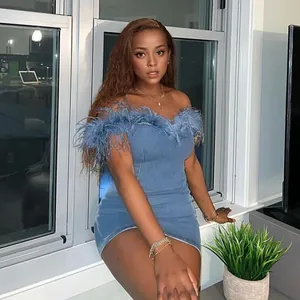 Sleeveless light blue denim tube mini dress with stylish faux feather off-shoulder trim