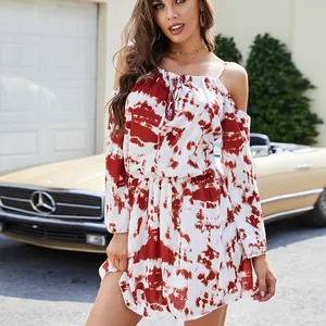 Stylish red tie-dye off-shoulder mini dress with drawstring waist for summer vacation