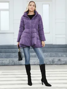 Detailed full-body view of a purple slim-fit stand collar puffer coat for women in street