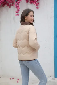 Rückansicht einer schicken beige gesteppten Damenjacke mit braunem Kragenakzent