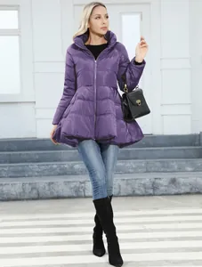 Detailed view of women's purple slim fit puffer coat with stand collar and flared hem.