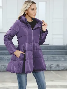 Detail view of a women's purple slim fit padded winter coat with standing collar